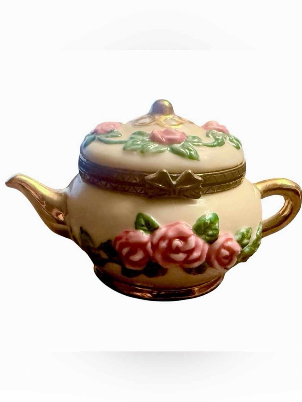 Vintage 1990’s Sweet Limoge Like Porcelain Trinket Box of a‎ Floral Tea Pot, EX